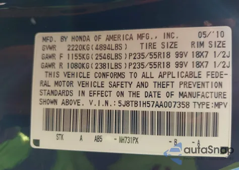 2010 Acura Rdx from USA, damaged, VIN 5J8TB1H57AA007358